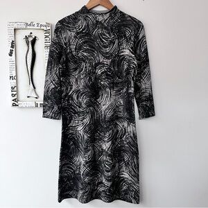 Vittadini Office Workwear Knit Mock Neck Gray Printed Midi Career Dress Size M